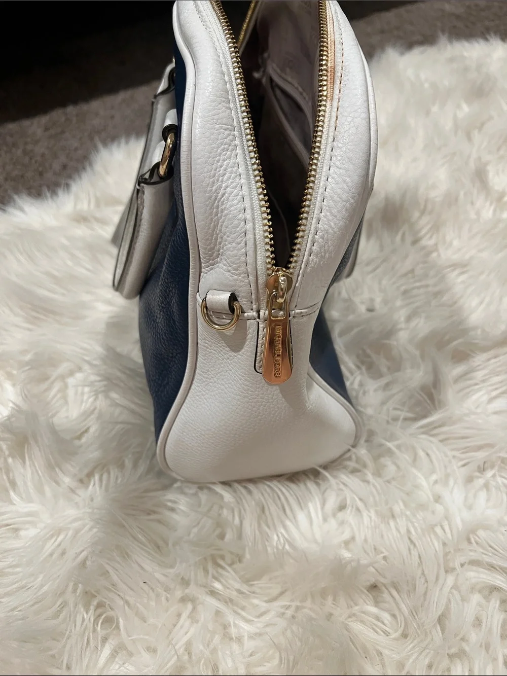 Michael Kors Navy and White Dome Satchel with Tassel Charm